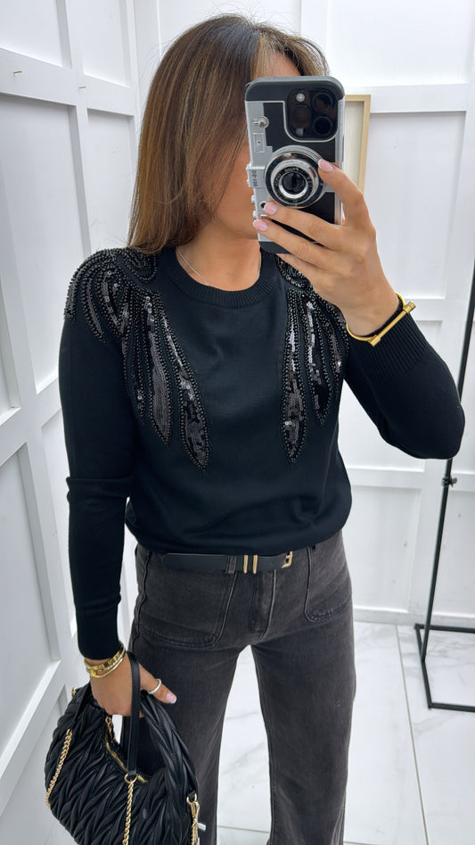 EVELYN black embellished fine knit jumper