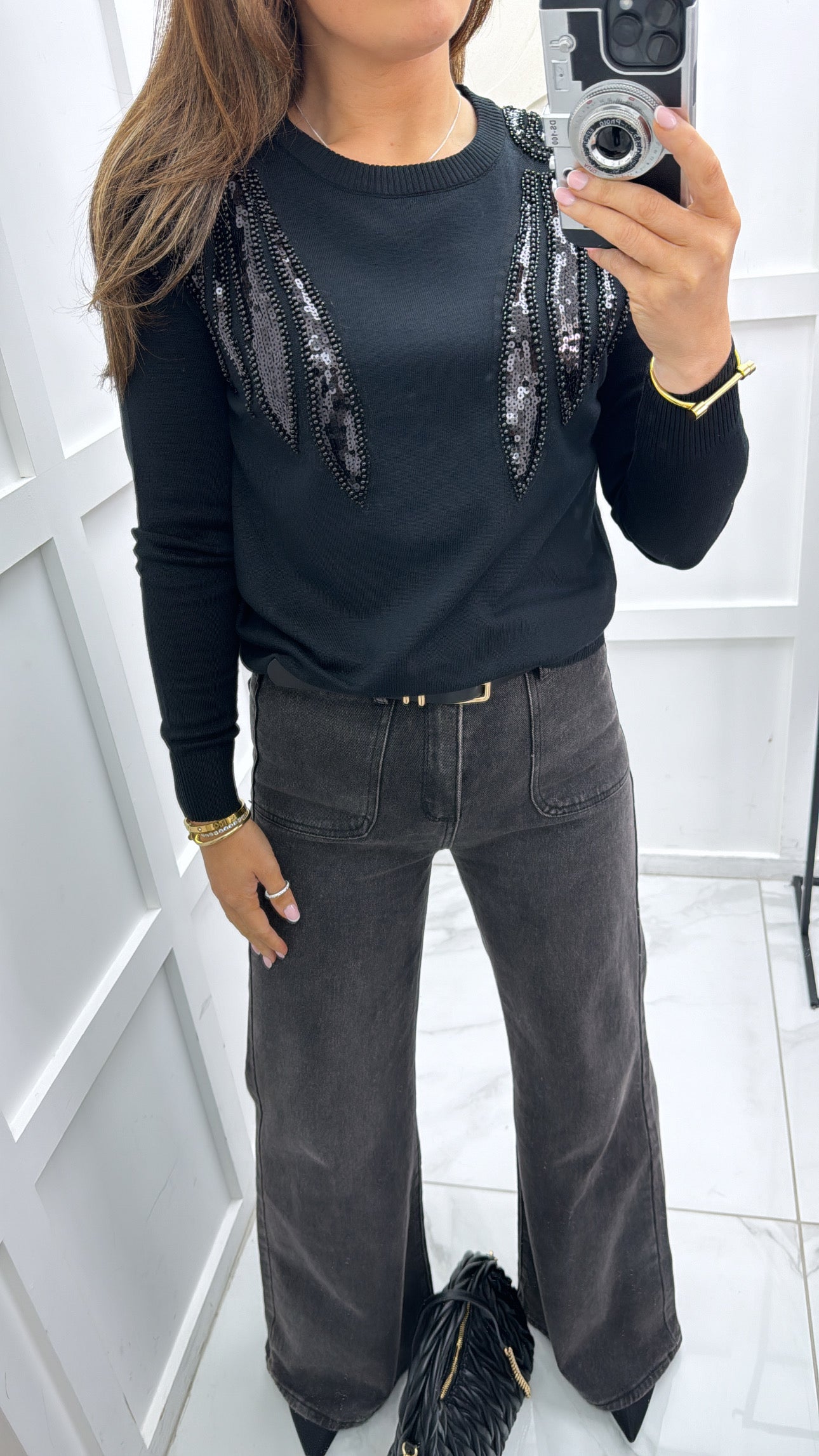 EVELYN black embellished fine knit jumper