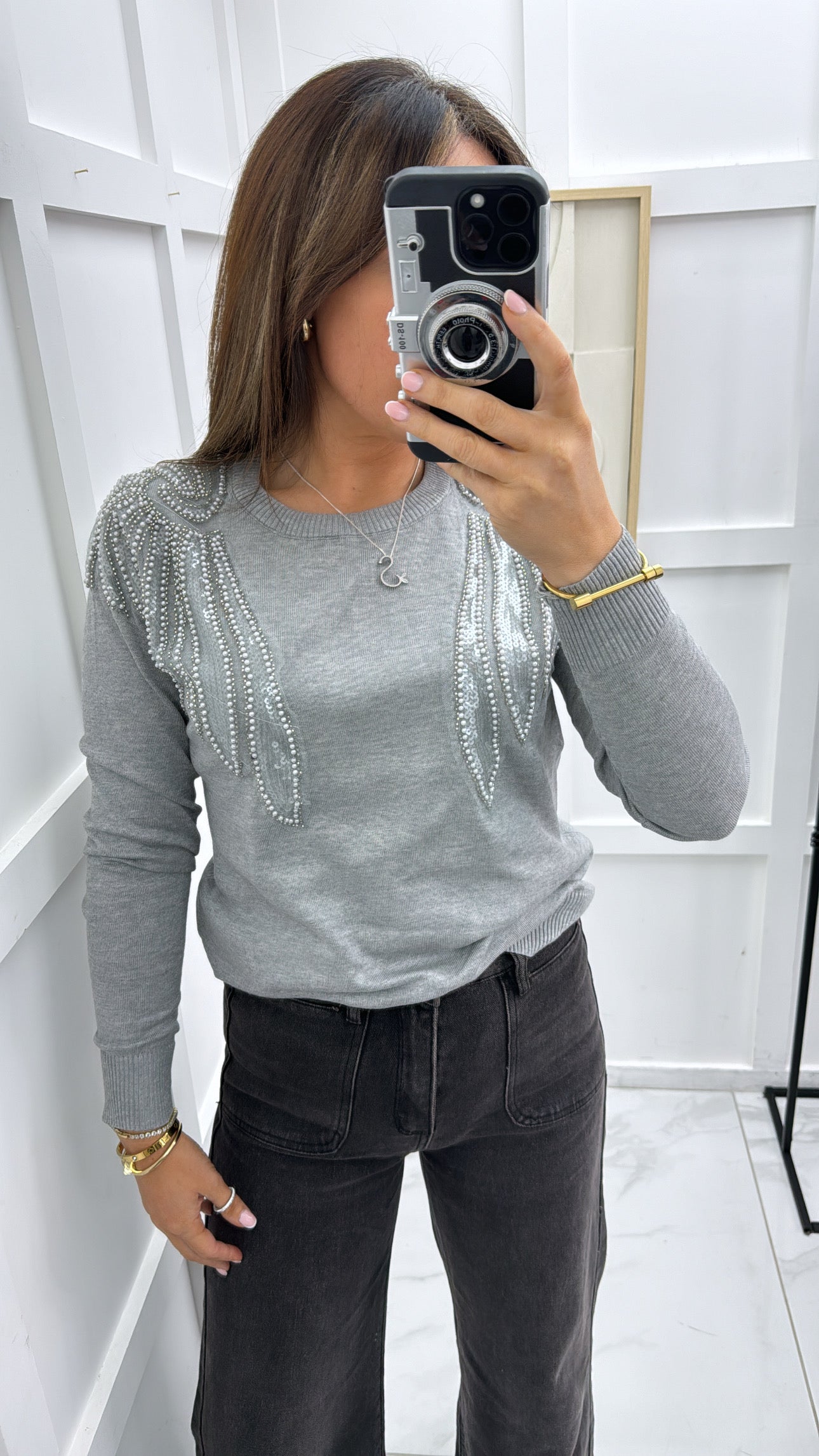 EVELYN grey embellished fine knit jumper