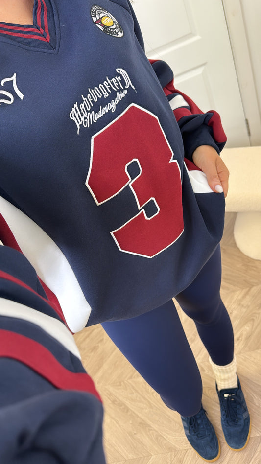 TAMMY navy and burgundy oversized basketball sweatshirt