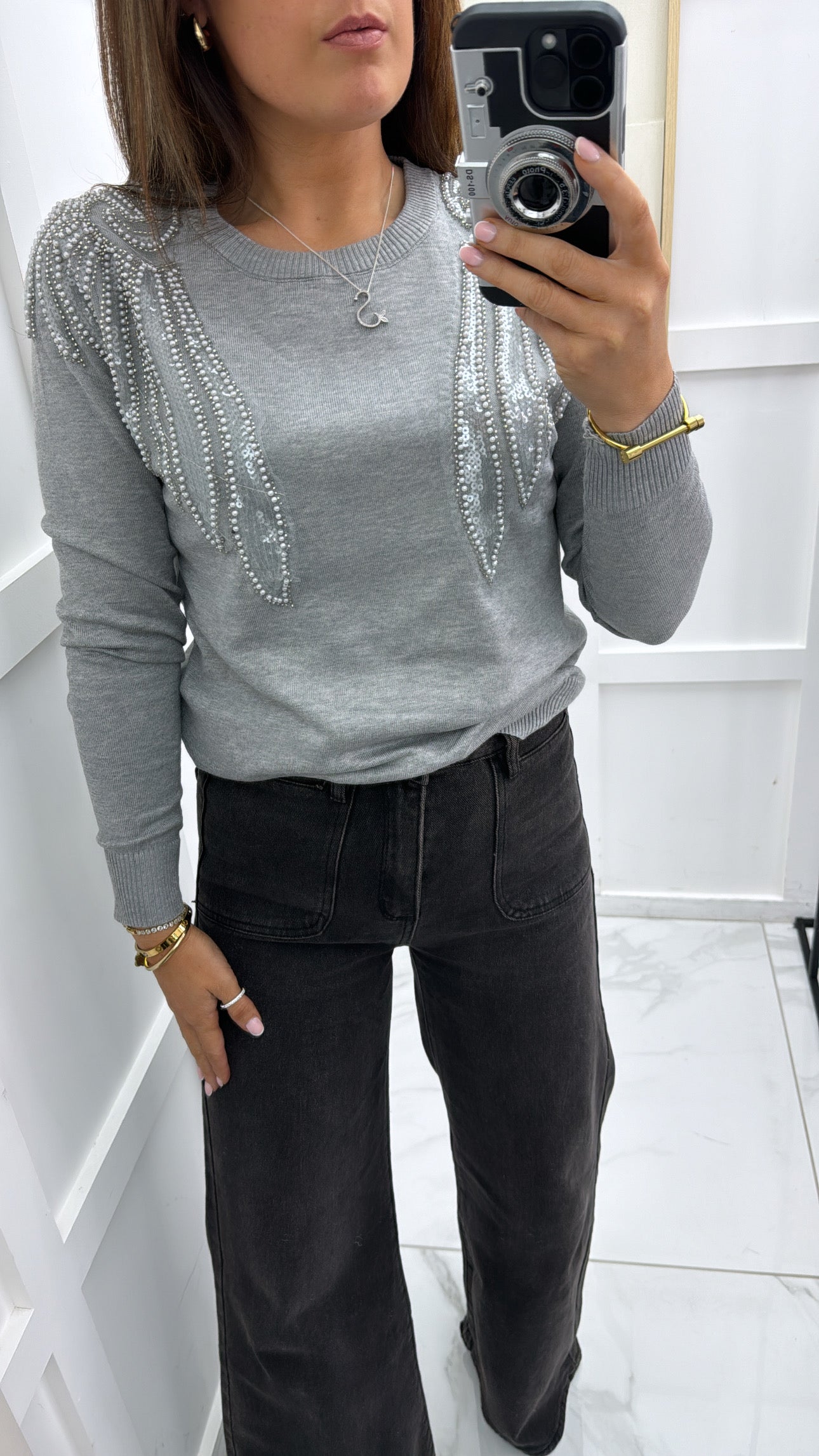 EVELYN grey embellished fine knit jumper