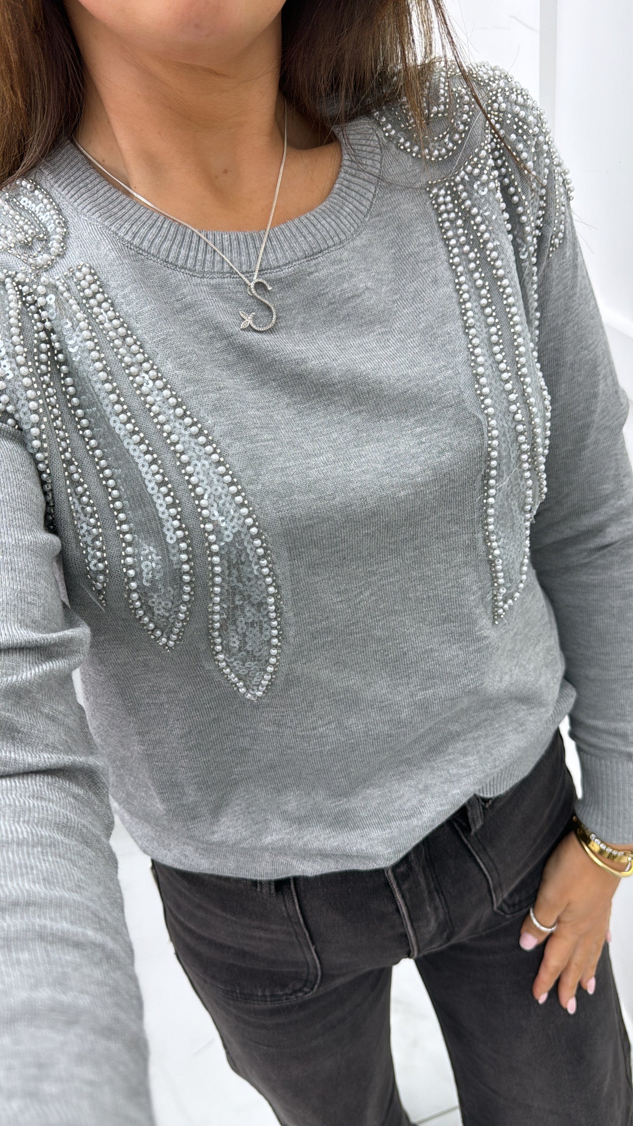 EVELYN grey embellished fine knit jumper