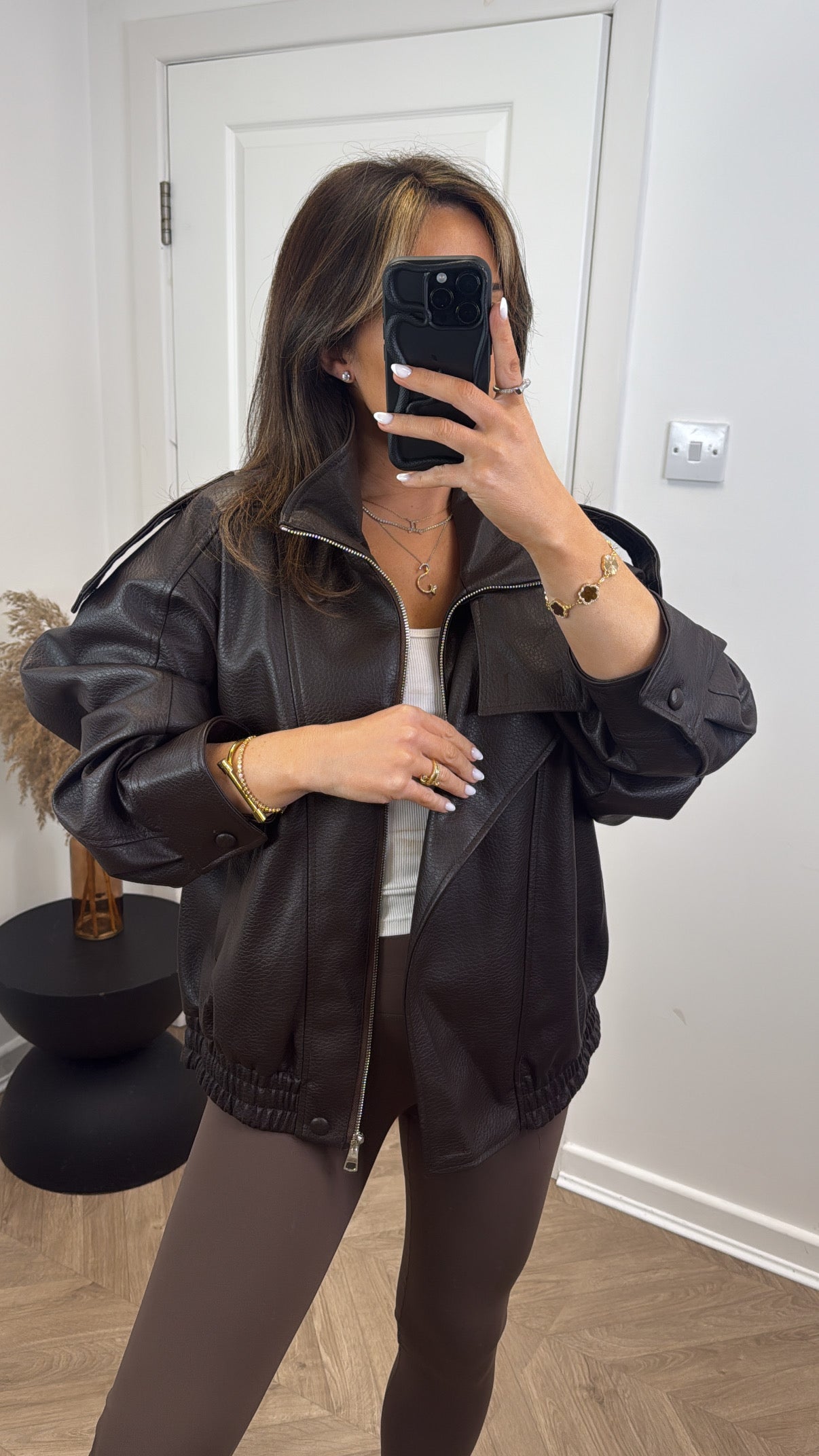 ZARIAH dark brown oversize high neck faux leather jacket