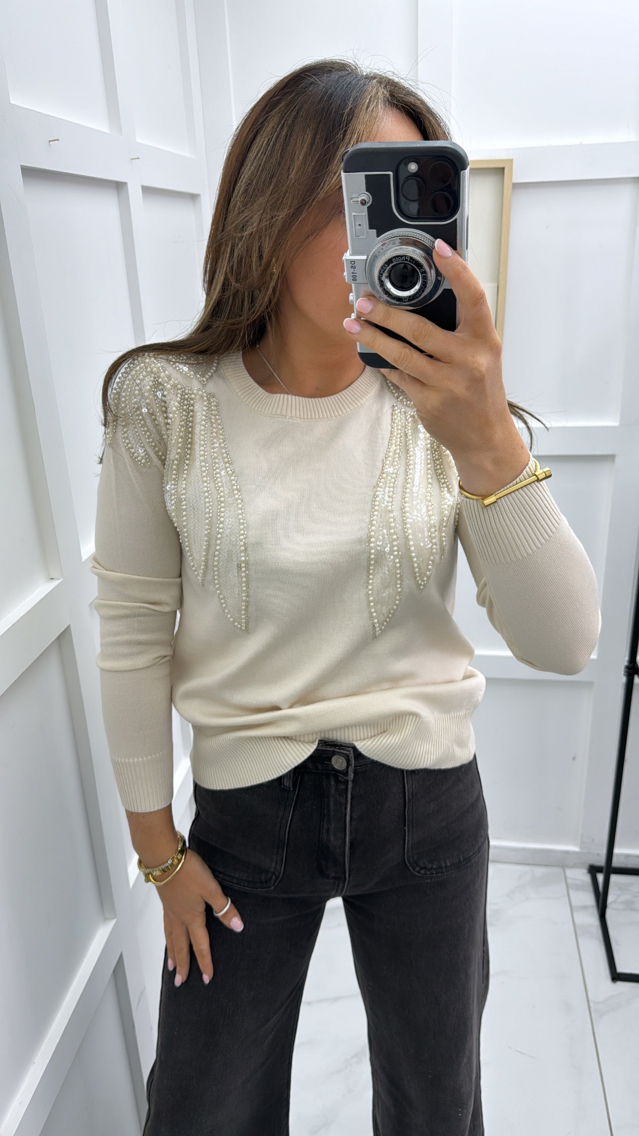 EVELYN cream embellished fine knit jumper