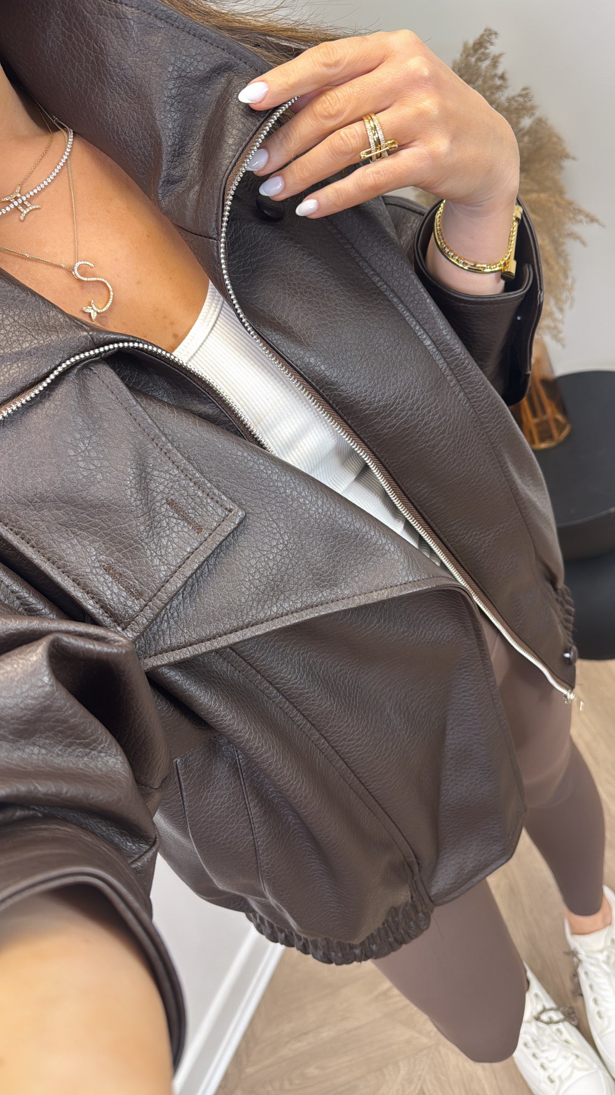 ZARIAH dark brown oversize high neck faux leather jacket