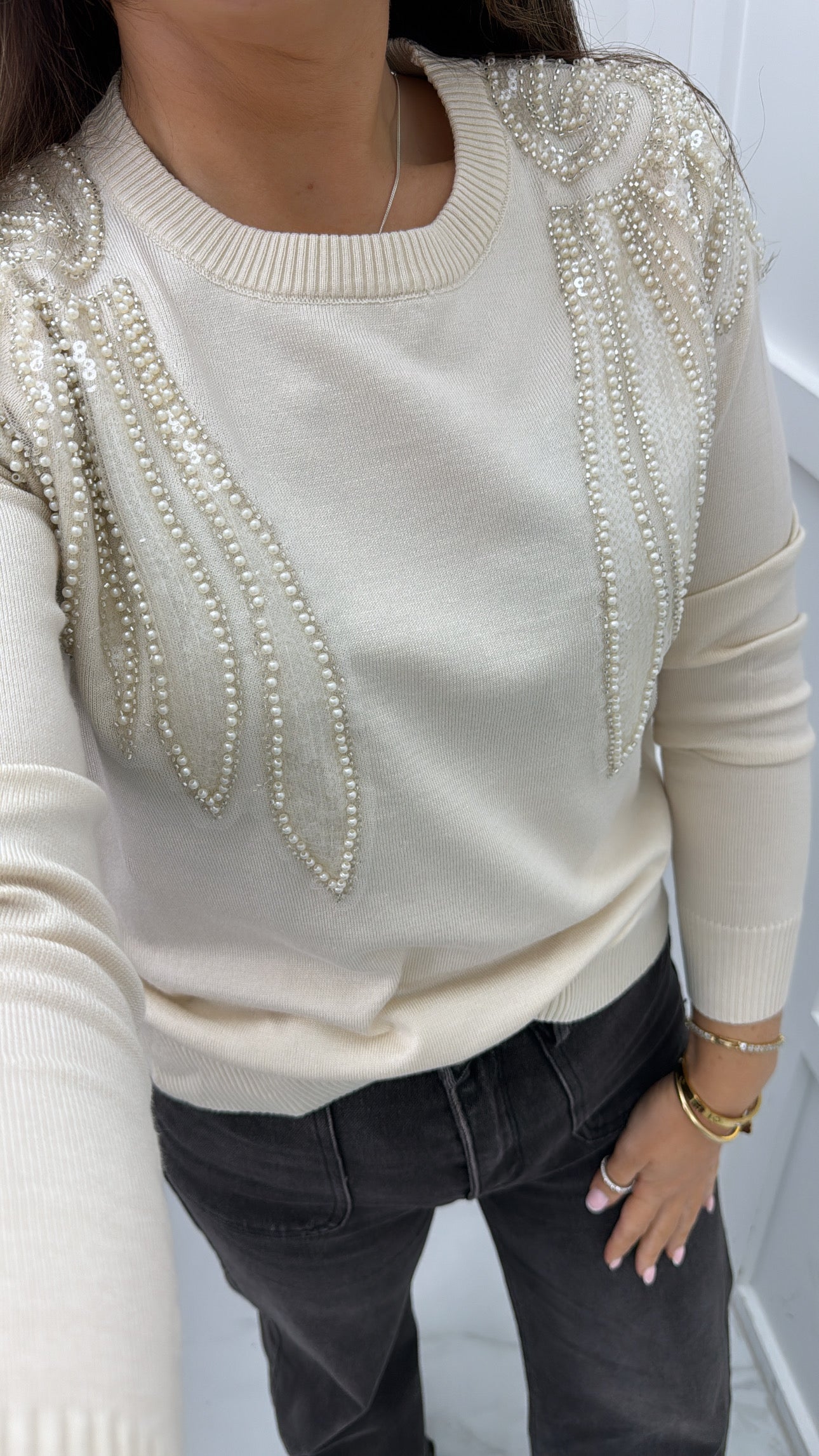 EVELYN cream embellished fine knit jumper