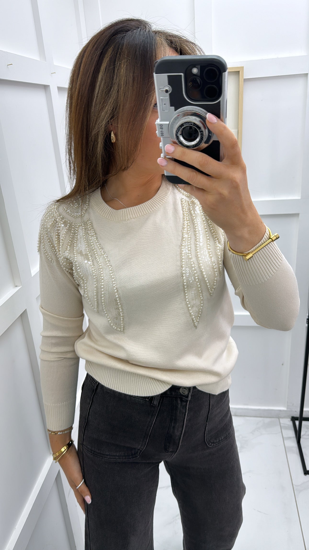 EVELYN cream embellished fine knit jumper