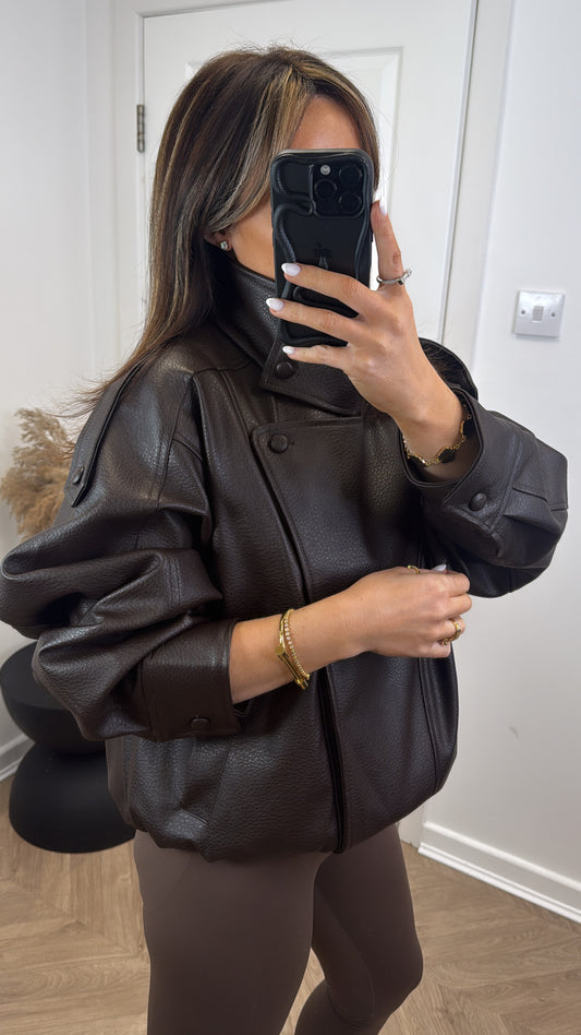 ZARIAH dark brown oversize high neck faux leather jacket