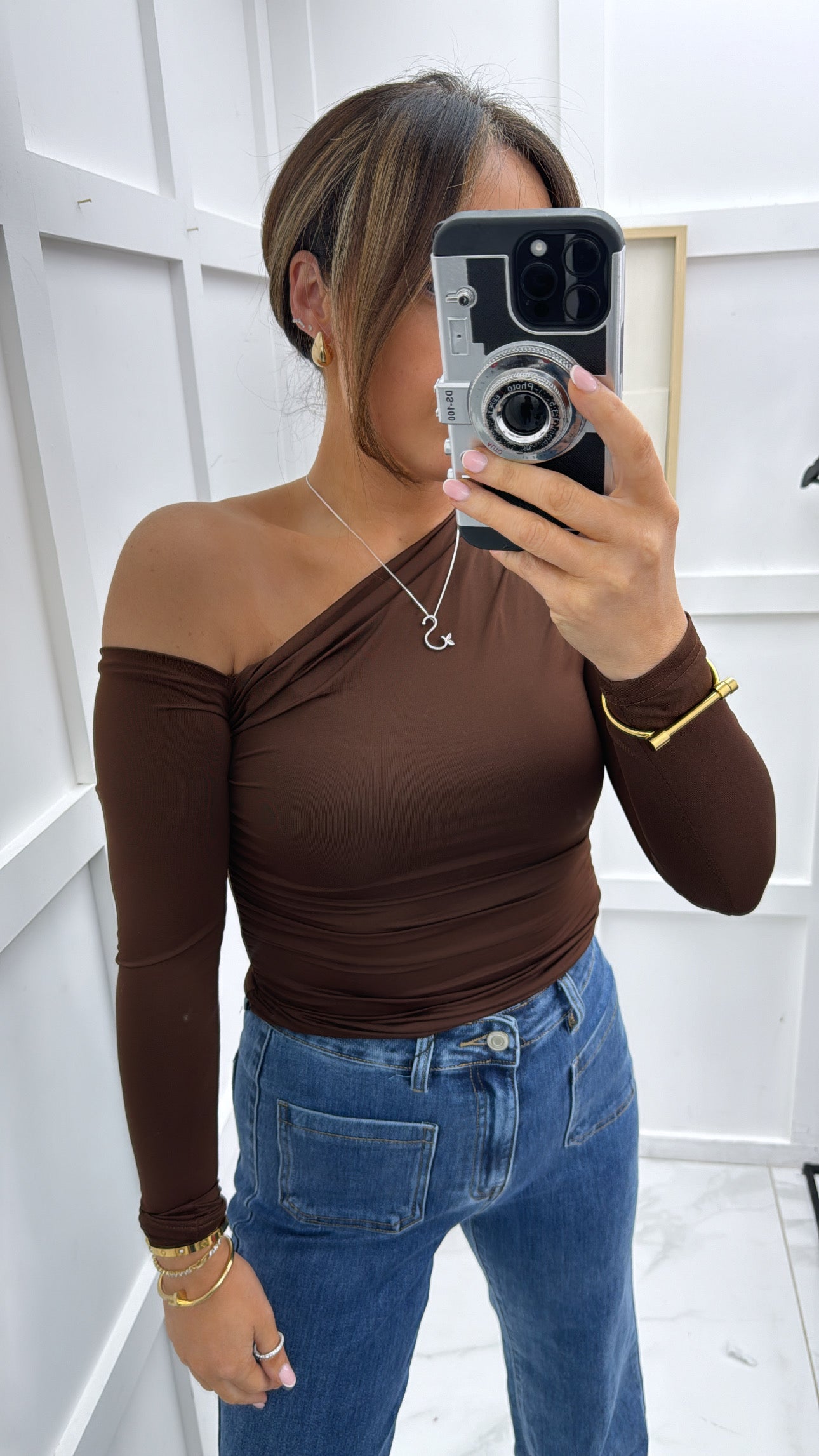 LAYLA brown one shoulder slinky top