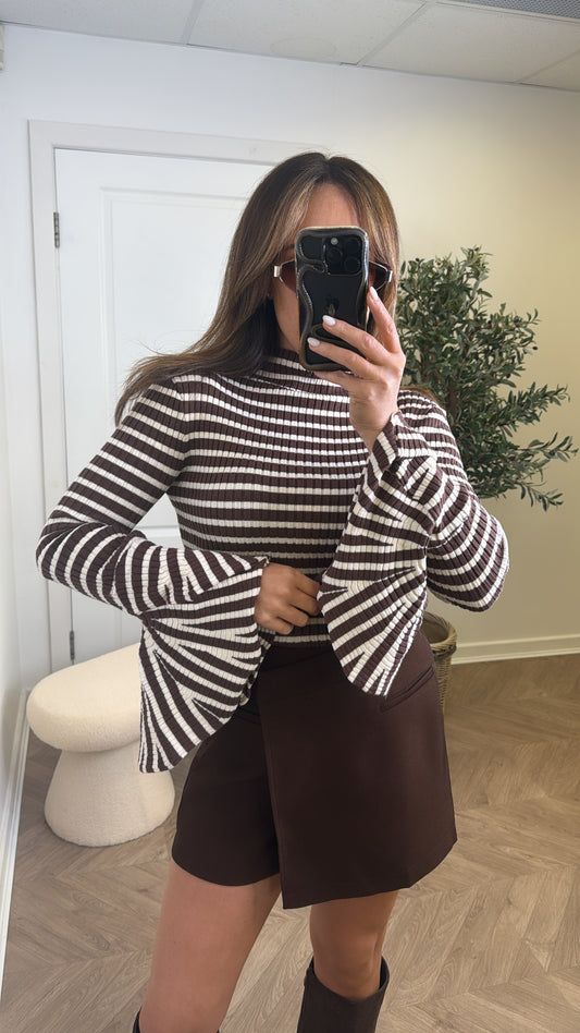 ANNA brown and cream stripe top with frill cuffs