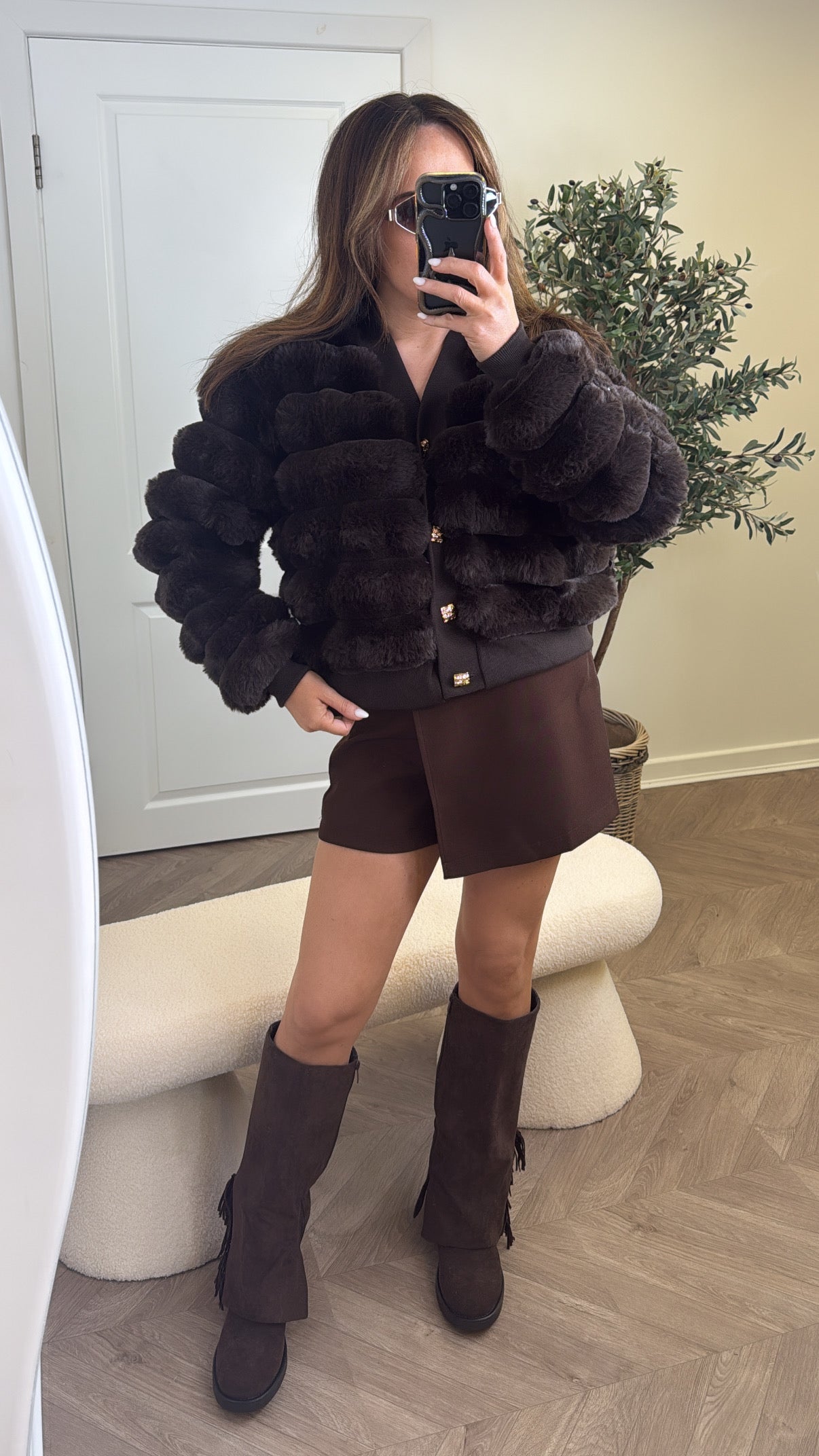 PORTIA dark chocolate faux fur cardigan