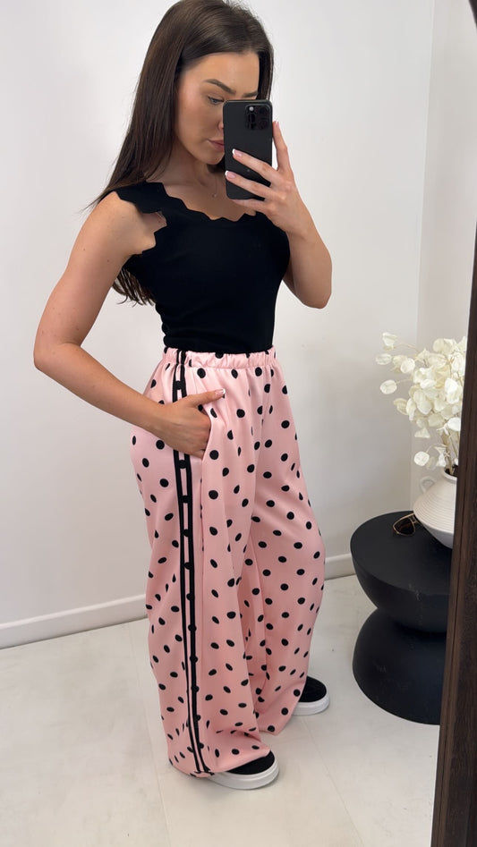 GEMMA pink polka dot wide leg joggers