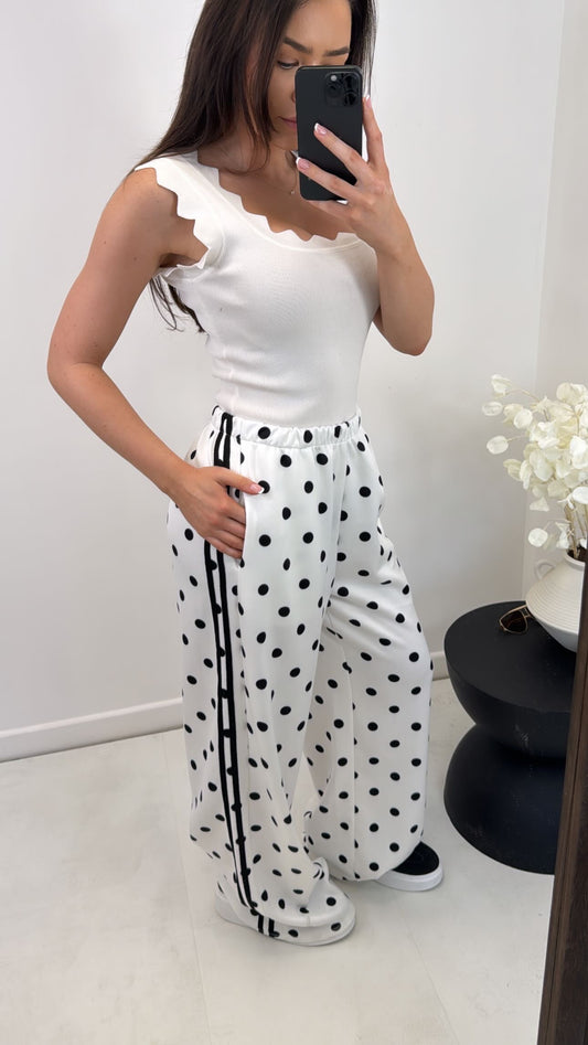 GEMMA white polka dot wide leg joggers
