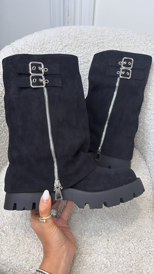 DEVON black fold down faux suede boots