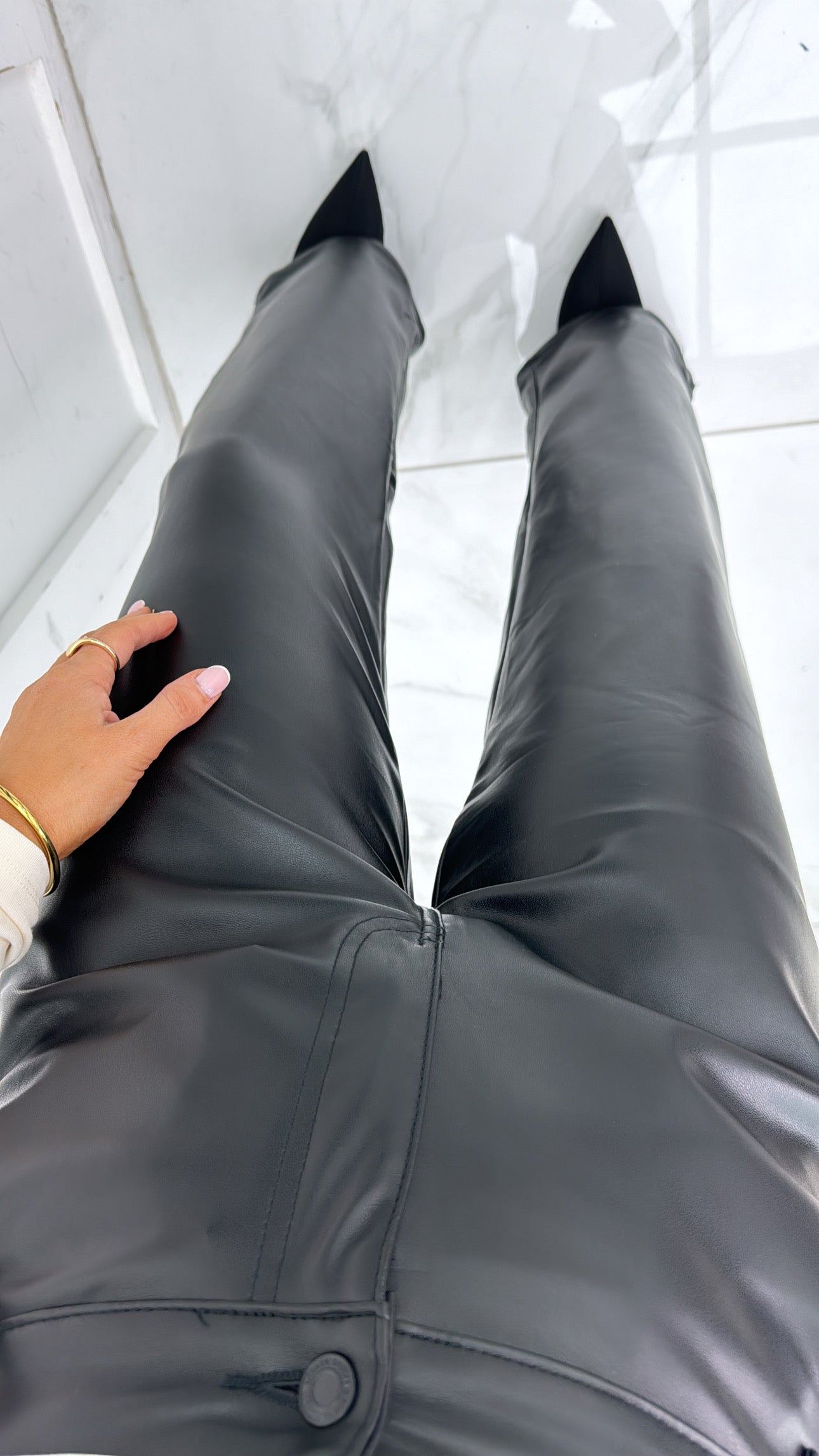 EVIE black faux leather wide leg pants