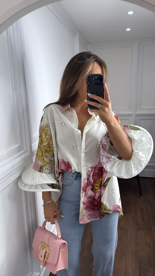ARIA pink and cream floral ruffle sleeve shirt