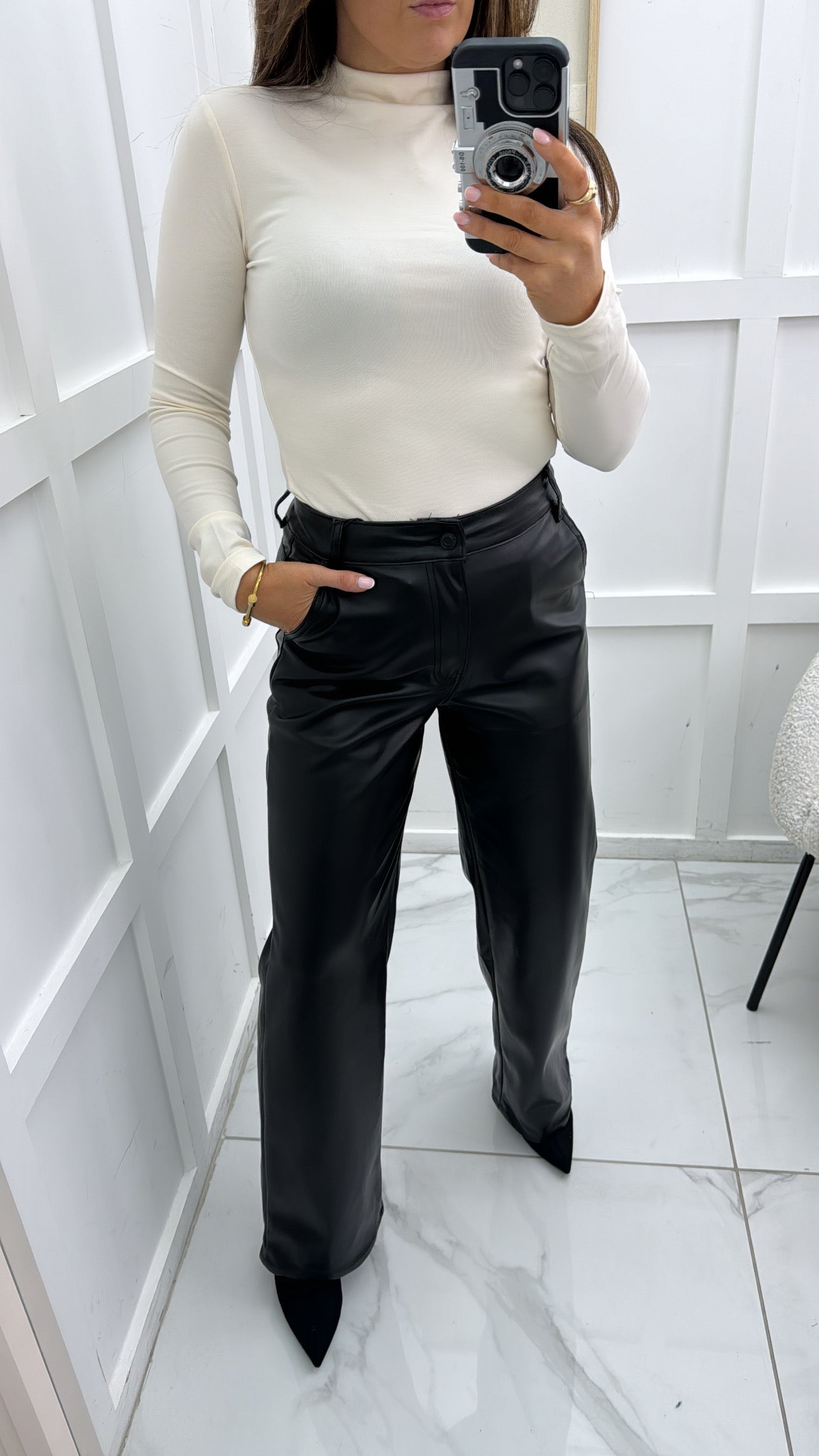 EVIE black faux leather wide leg pants