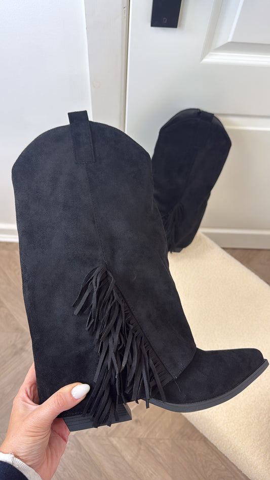 JESSICA black faux suede tassel cow boy boots