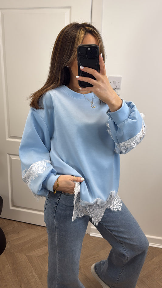 ELENOR sky blue lace detail sweatshirt