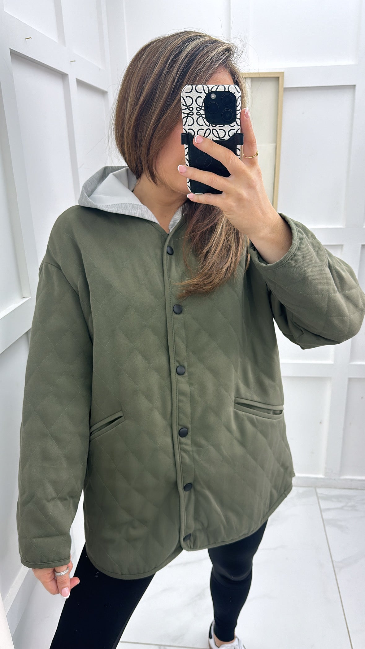 BETSY khaki quilted jacket with grey hood