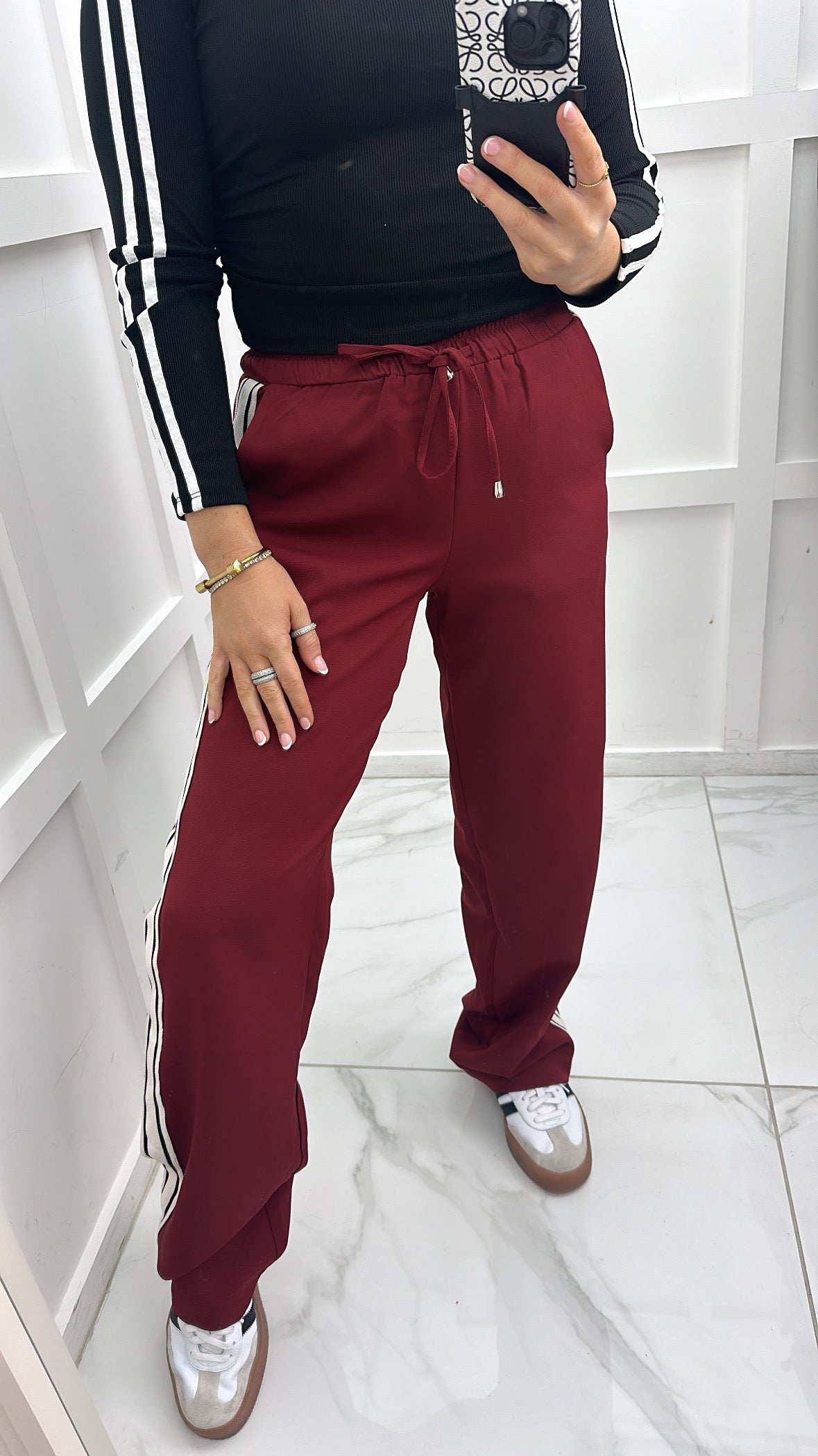 SASKIA burgundy cotton joggers with contrast stripe