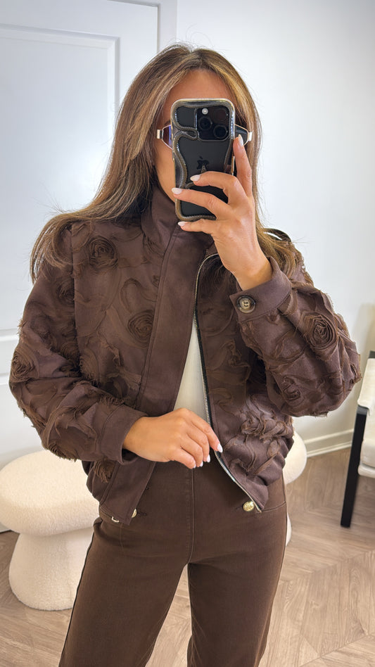 SAVANNAH brown faux suede applique bomber jacket