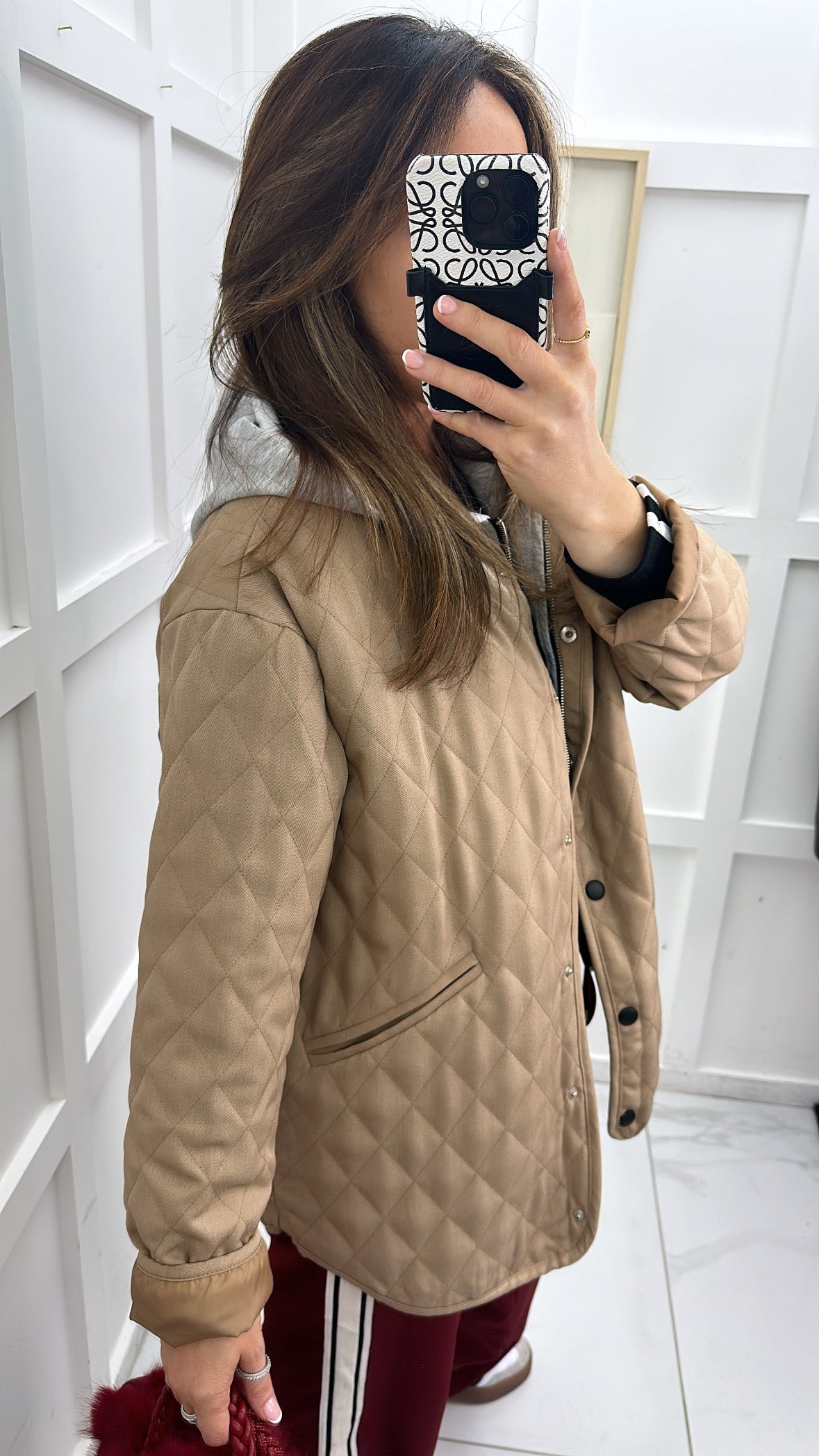 BETSY beige quilted jacket with grey hood