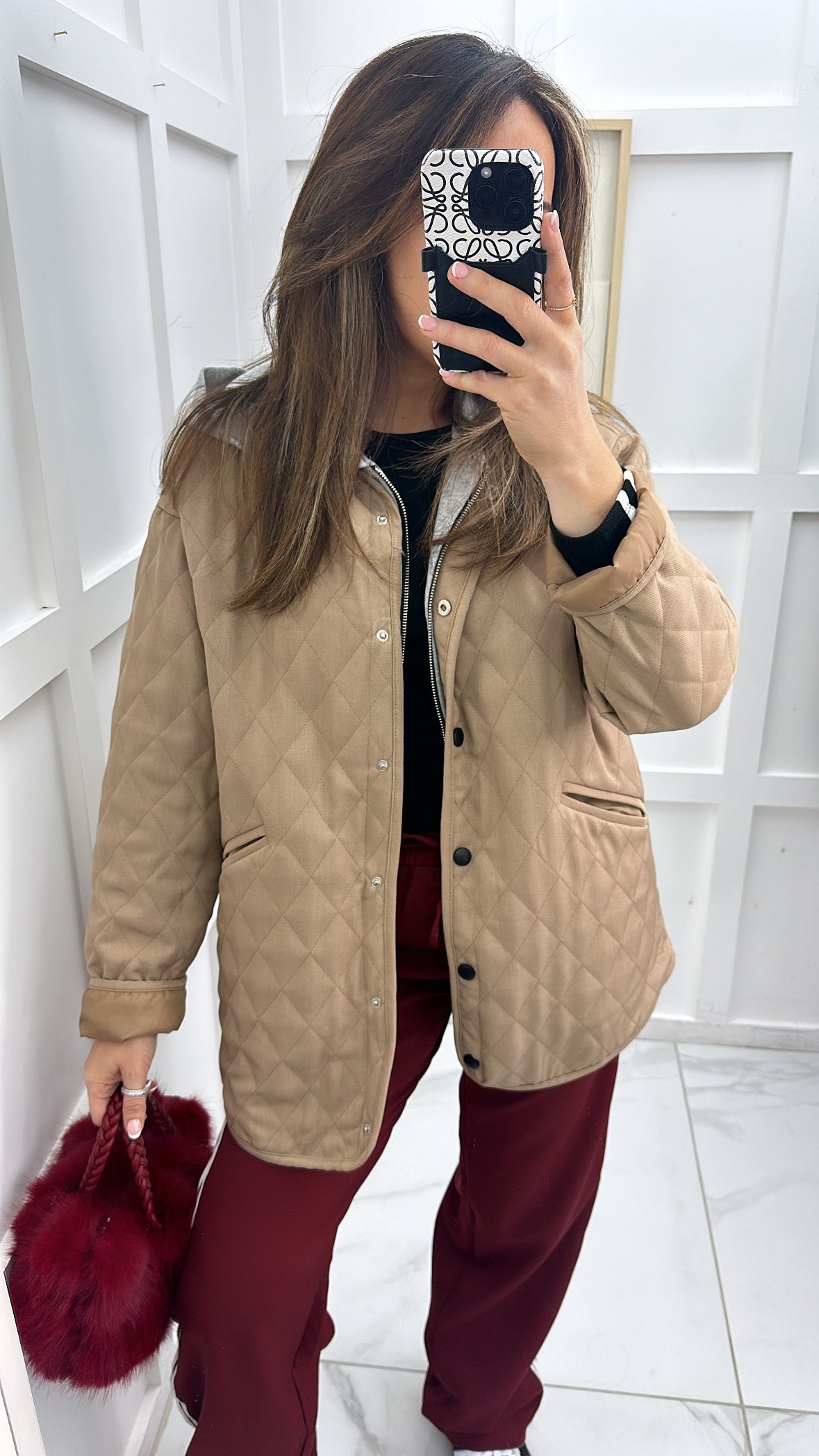 BETSY beige quilted jacket with grey hood