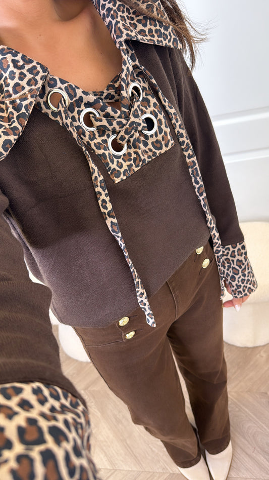 CHELSEA brown and leopard contrast jumper