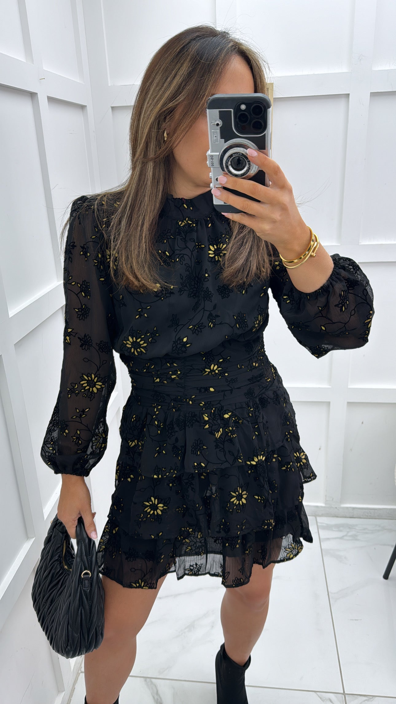 SAFIA black and gold devore floral dress