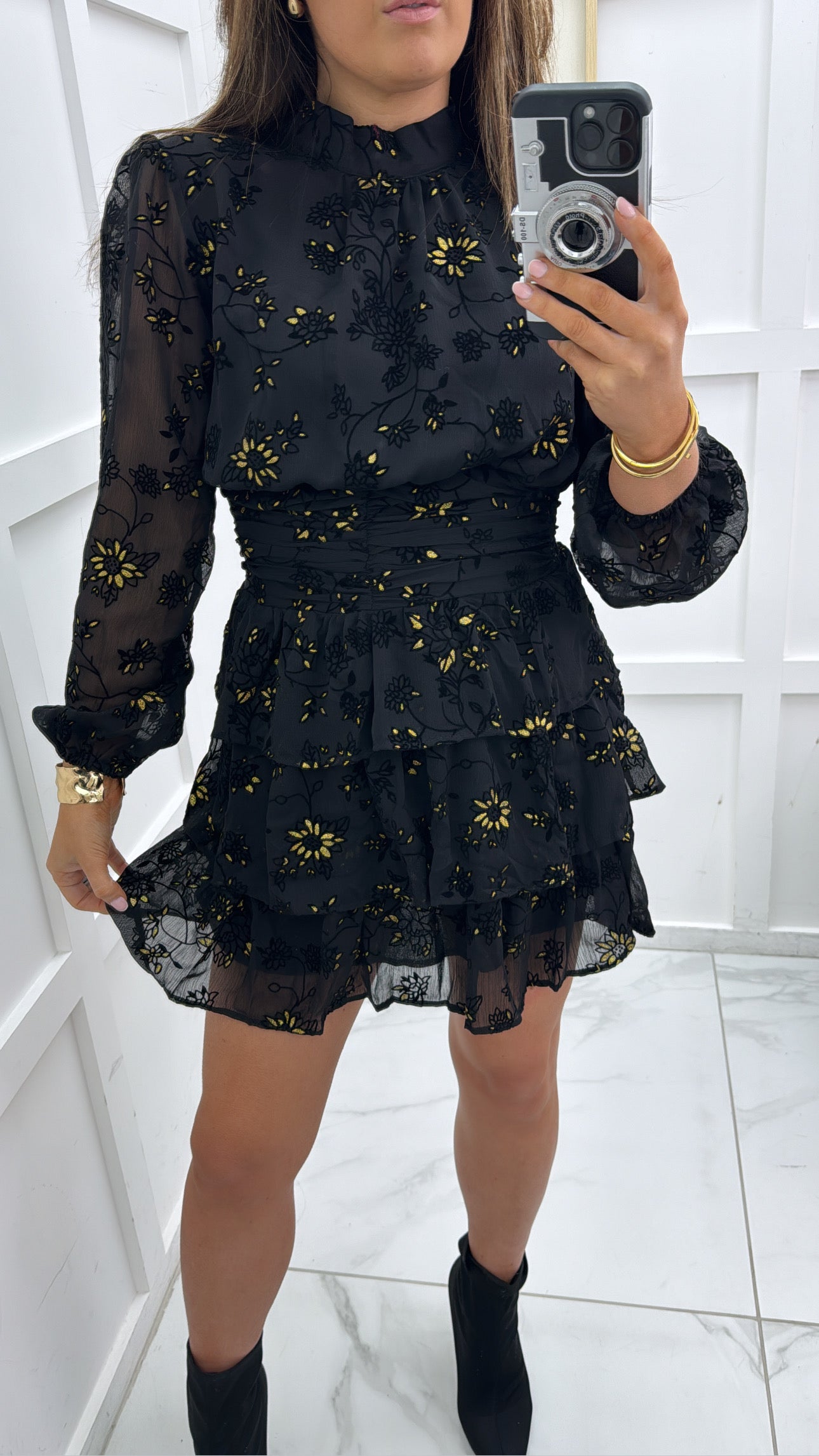 SAFIA black and gold devore floral dress