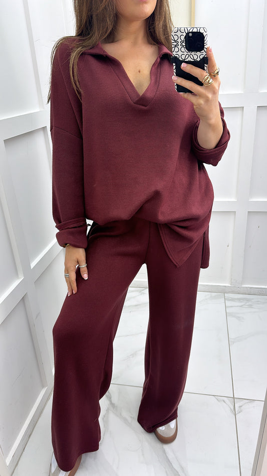 LOLITA burgundy soft knit collar lounge suit