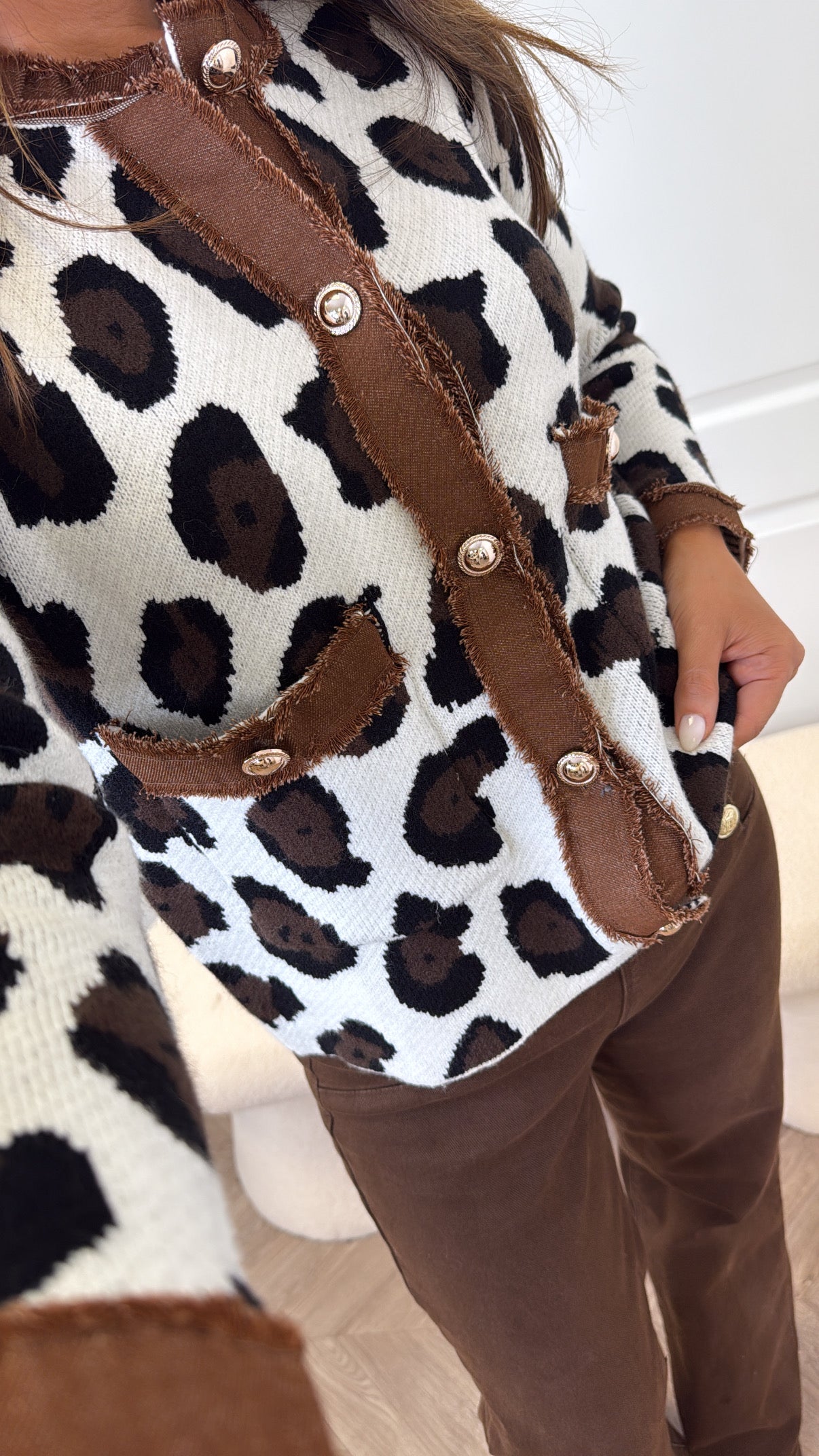 KENDELL white leopard gold button knitted cardigan