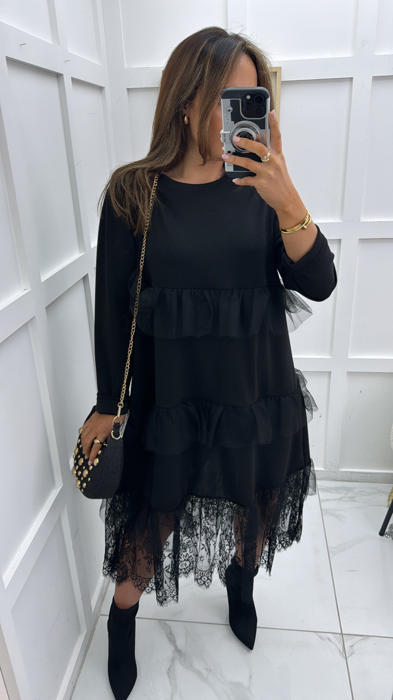 ZOEY black ruffle midi dress