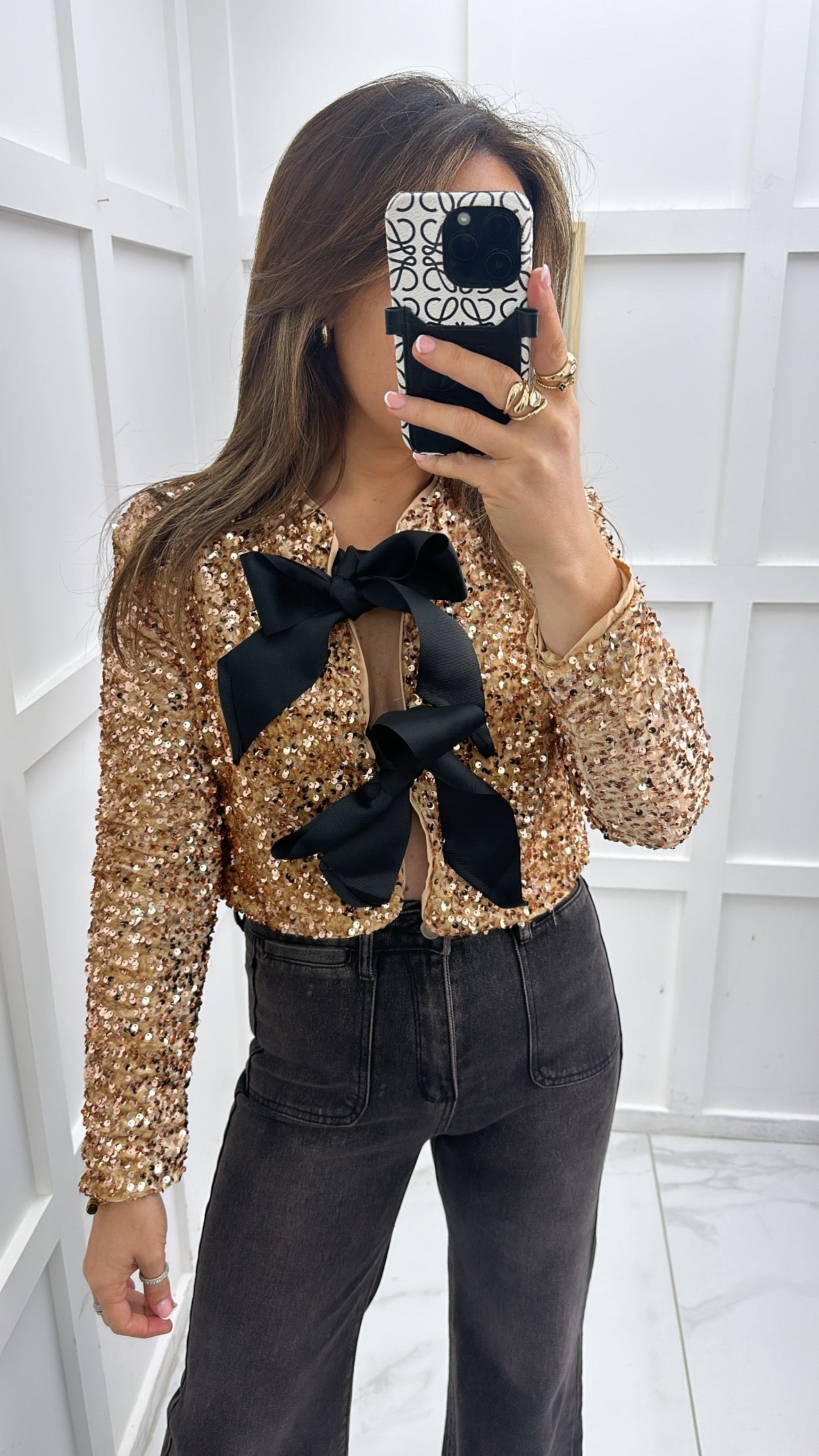 AMELIA gold sequin & ribbon tie top