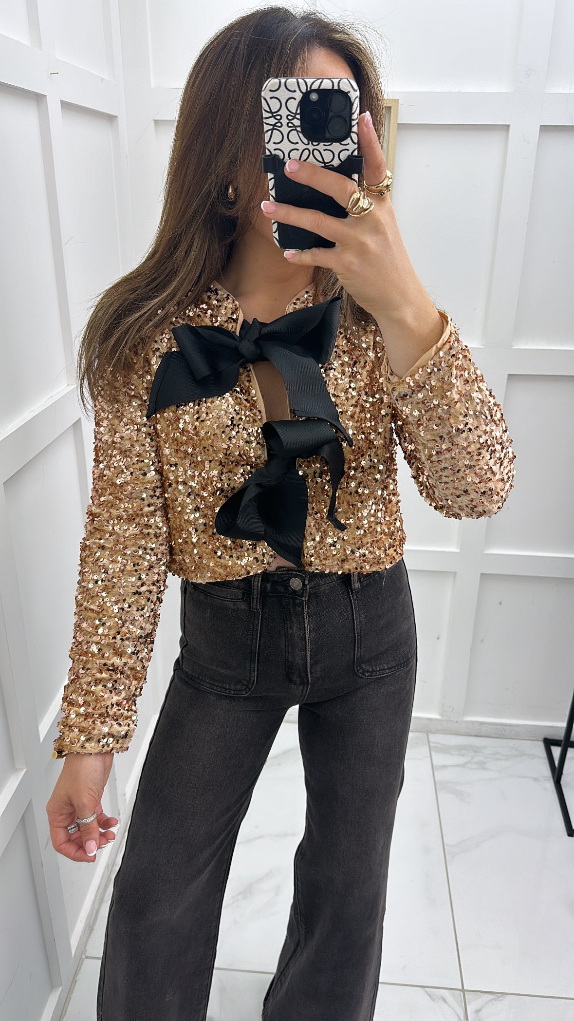 AMELIA gold sequin & ribbon tie top