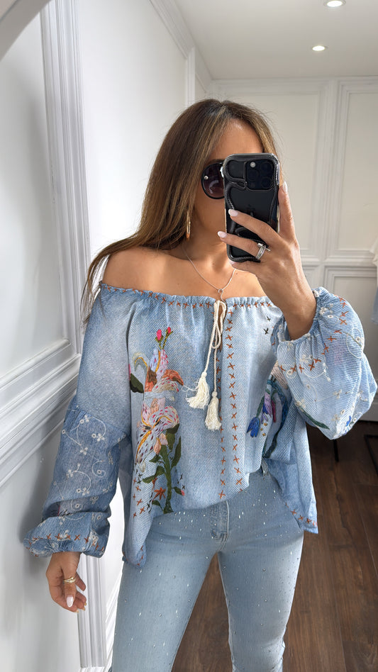 HARPER blue off the shoulder floral detail top