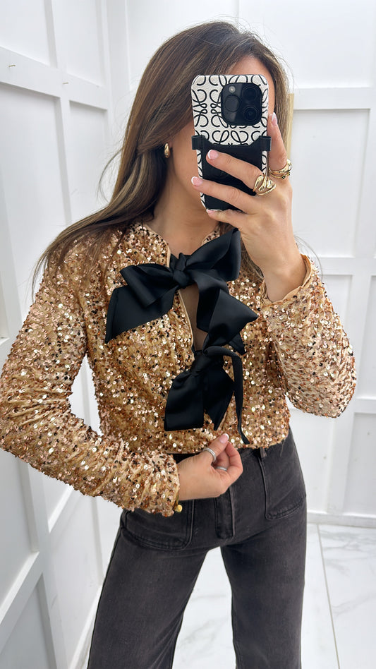 AMELIA gold sequin & ribbon tie top