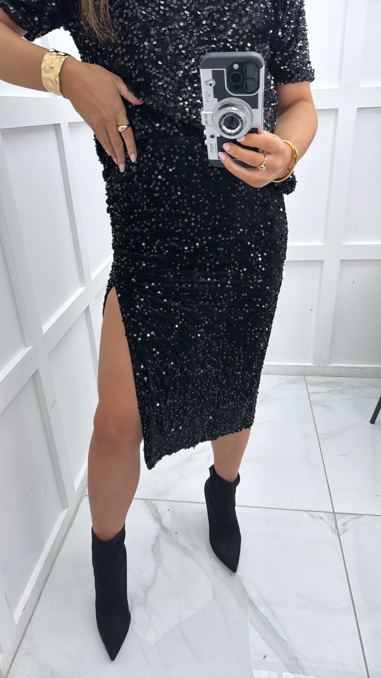 POPPY black sequin midi skirt