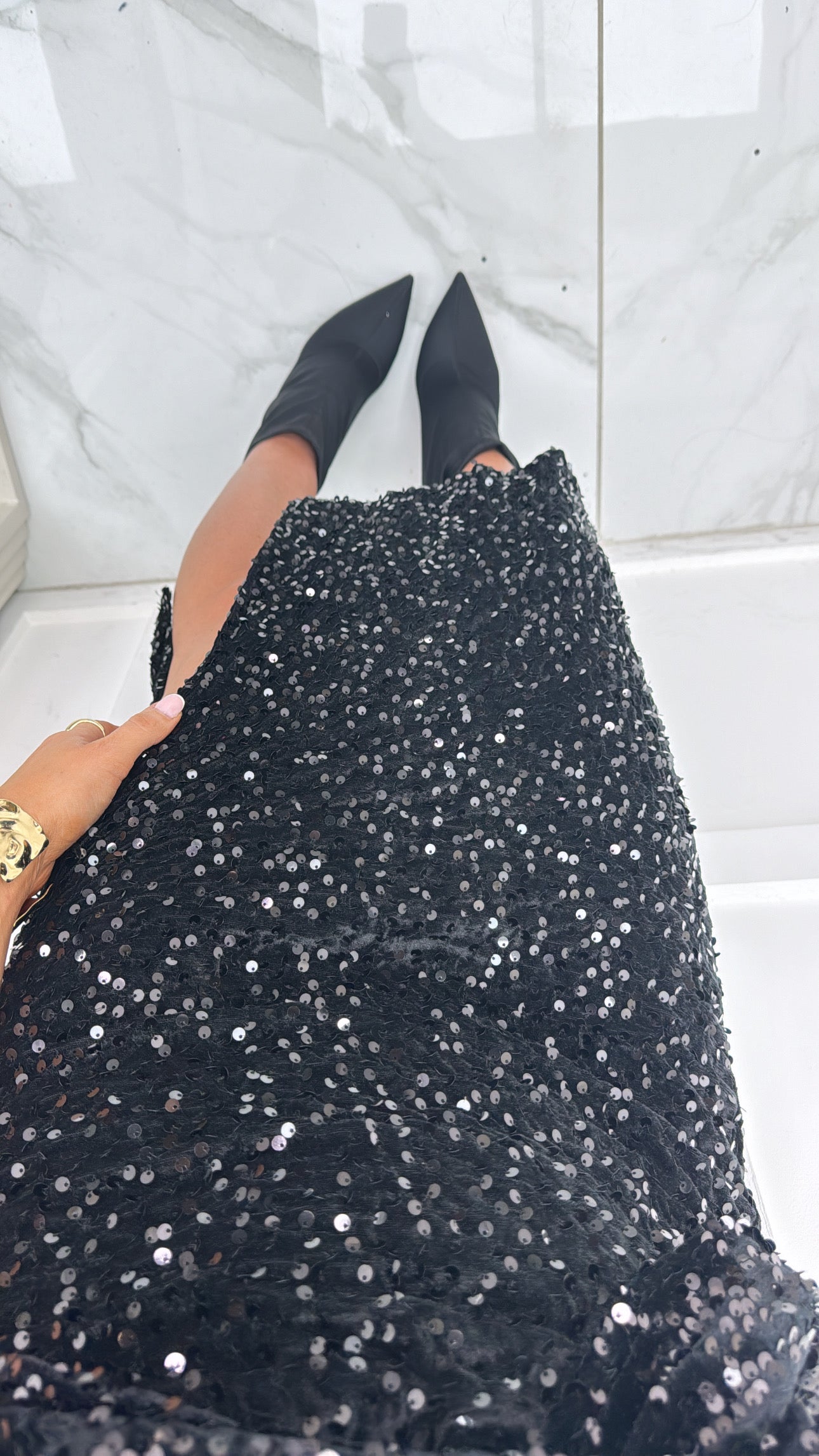 POPPY black sequin midi skirt