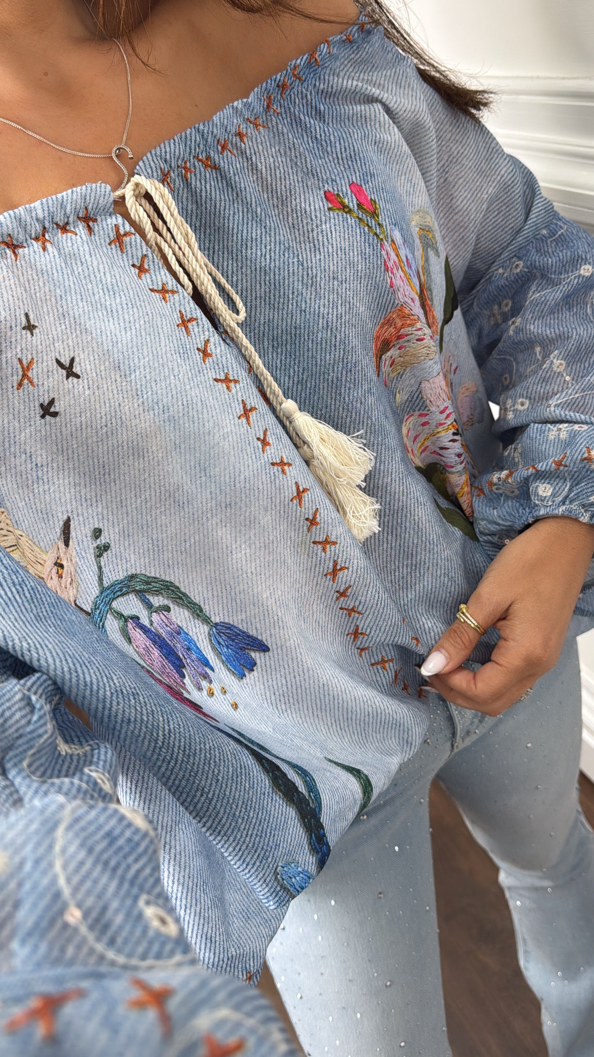 HARPER blue off the shoulder floral detail top