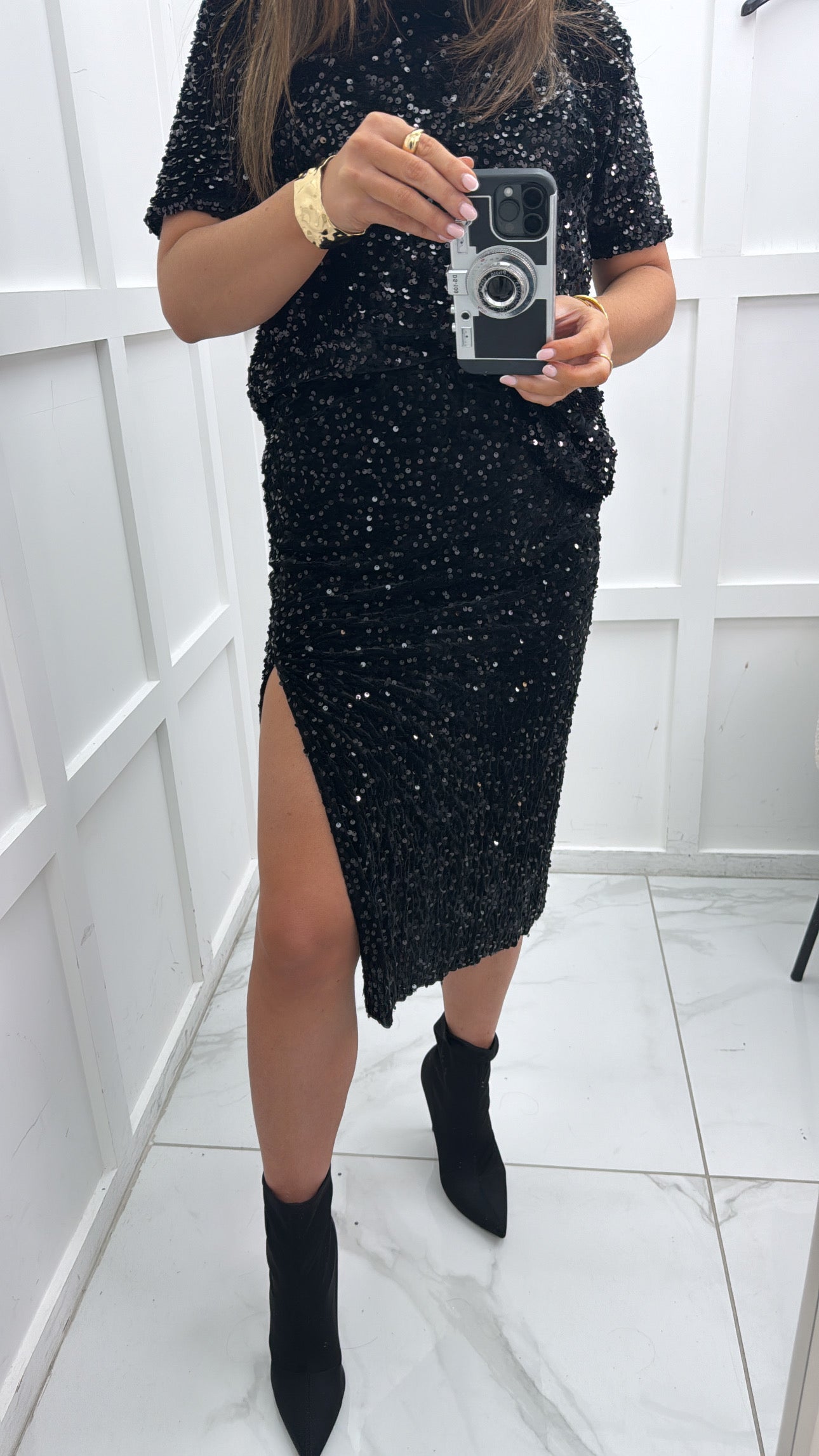 POPPY black sequin midi skirt