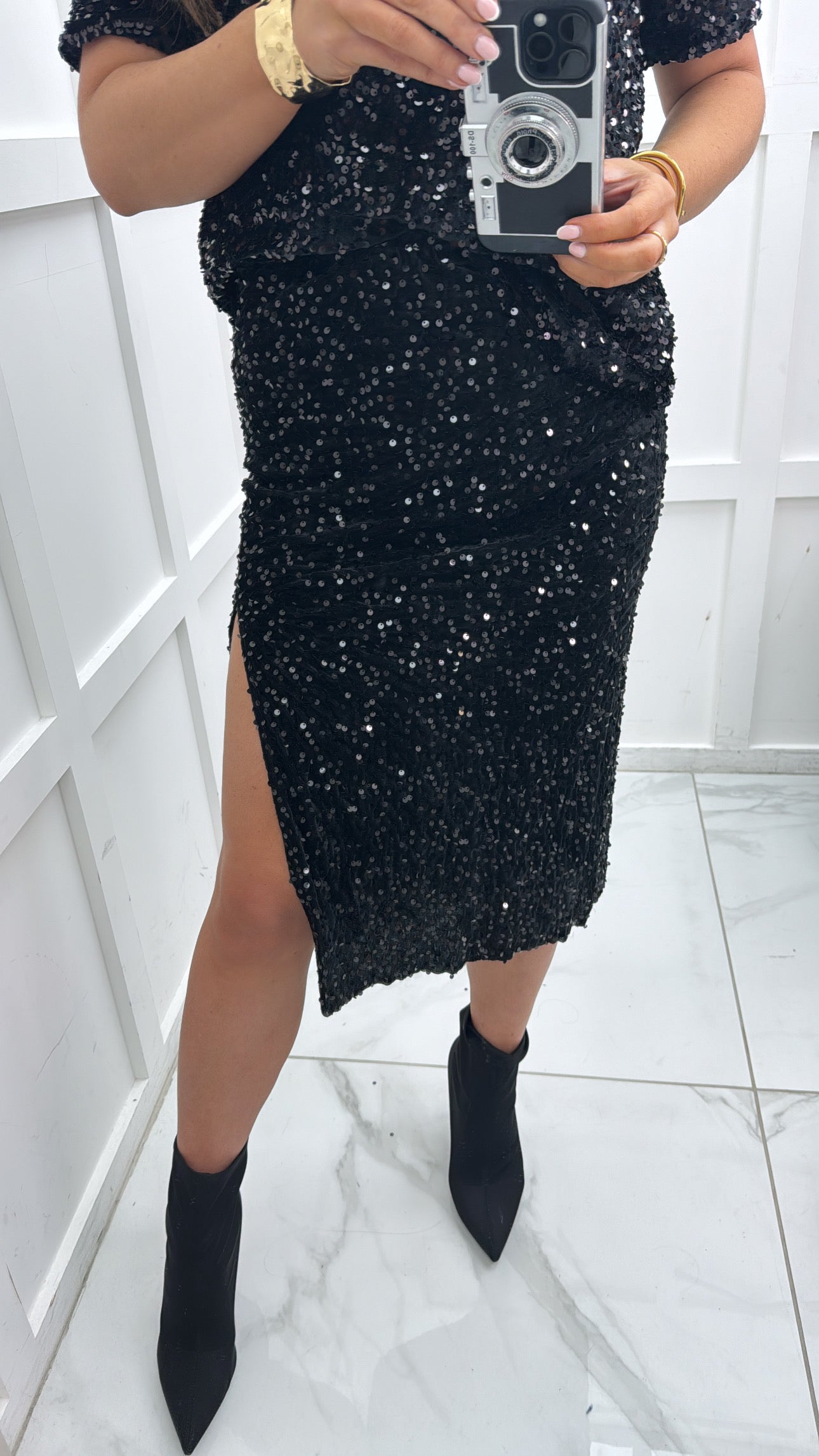 POPPY black sequin midi skirt