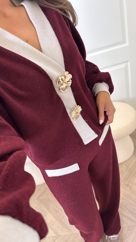 NOVA burgundy v-neck top and trousers co-ord set
