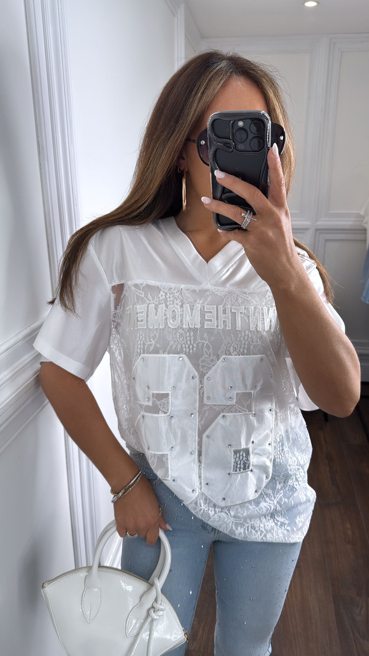 OWN THE MOMENT white lace basketball top