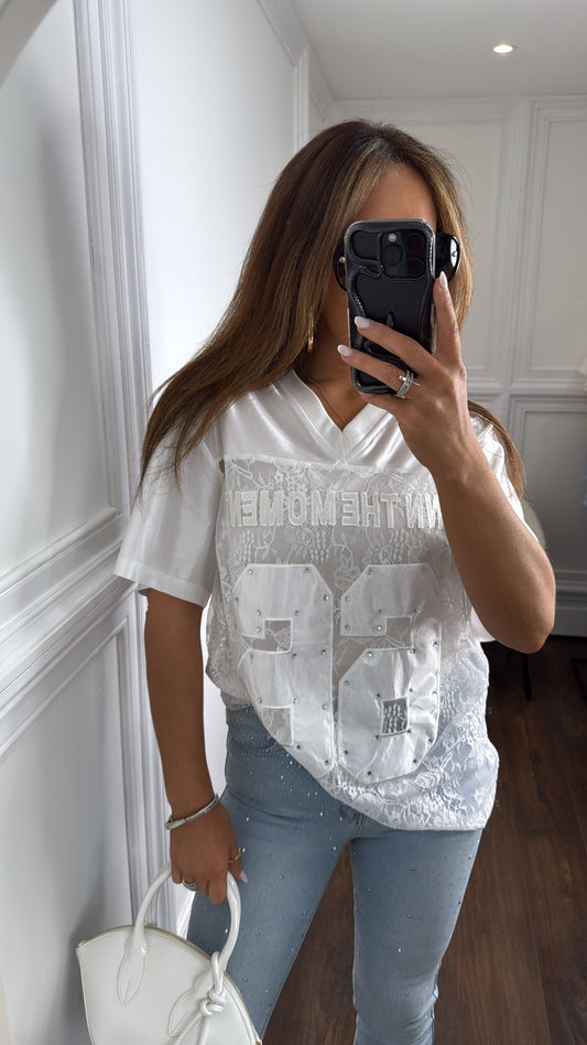 OWN THE MOMENT white lace basketball top