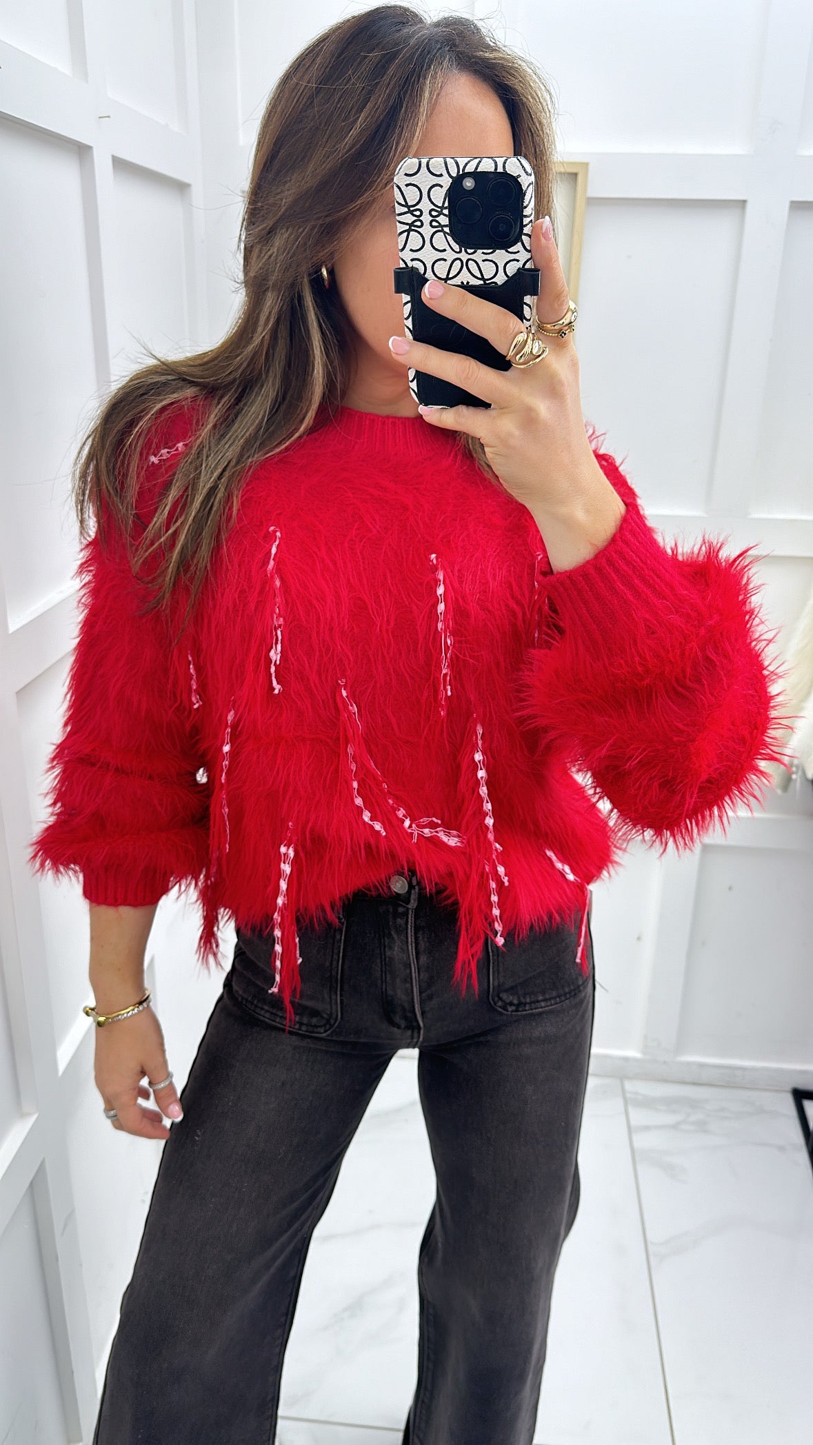 JOSIE red fluffy knit jumper with lace detail