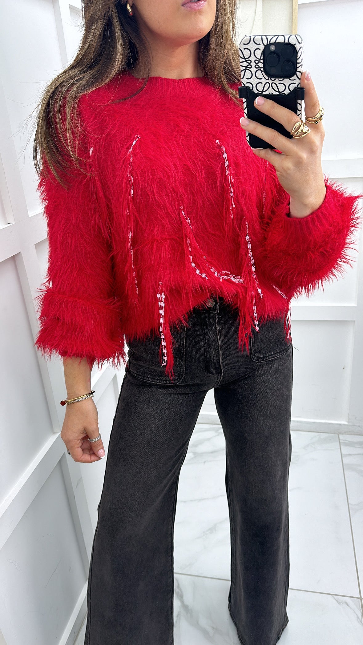 JOSIE red fluffy knit jumper with lace detail