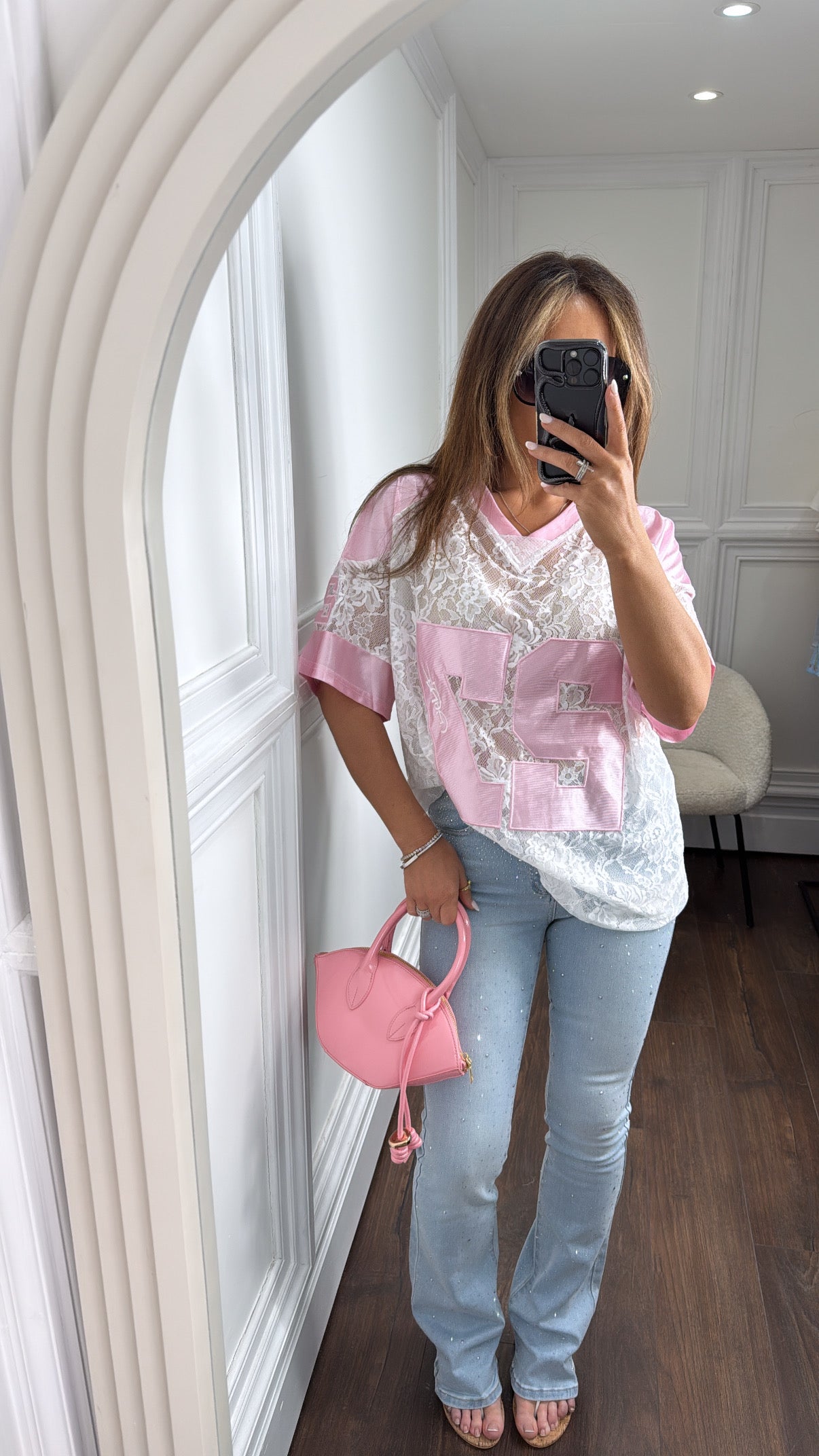 CORIN pink and white lace 27 top