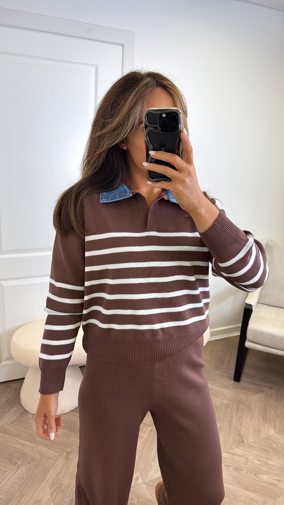 JODIE brown striped denim contrast knitted lounge set